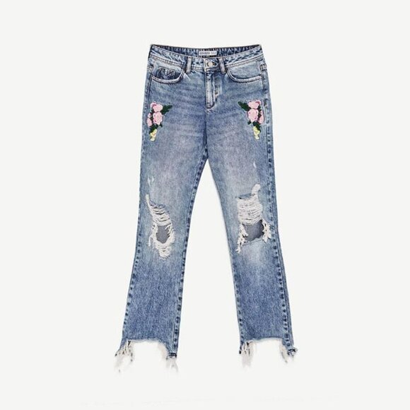 EUC Zara blue floral embroidered ripped denim jeans, 6 - Picture 5 of 12
